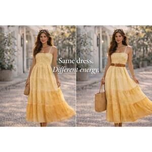 Rhea Yellow Foil Print Maxi Dress One Size Ombre Smocked Boho Tiered NWT